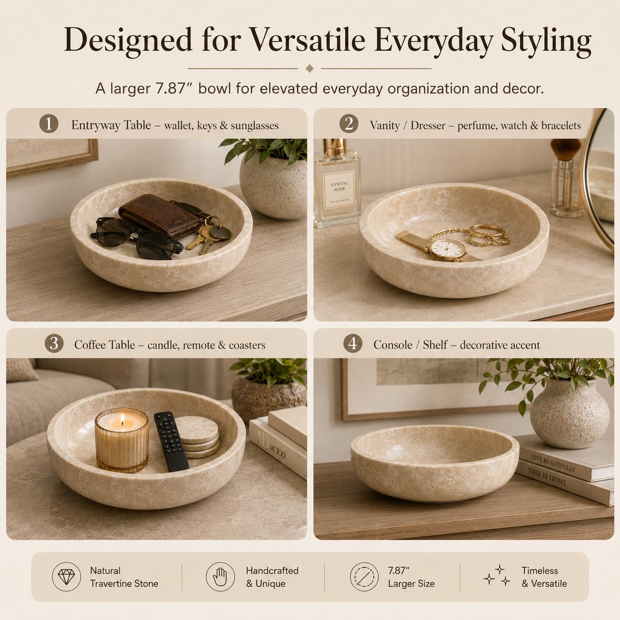 SIRIZEN-DIVING Large Travertine Decorative Bowl, 7.87-Inch Natural Stone Key Bowl and Catchall Bowl for Entryway Table, Coffee Table Centerpiece, Console Table and Living Room Decor
