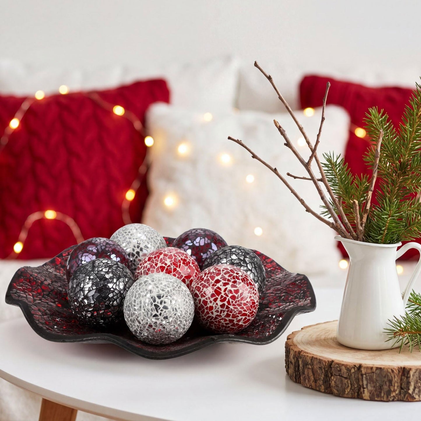 Suclain Centerpiece Bowl and Decorative Balls Set 8 Pcs Table Mosaic Plate with 2.4 Inch Glass Mosaic Orbs Glass Turquoise Tray and Spheres for Centerpiece Table Home Vases Decor (Red and Black)
