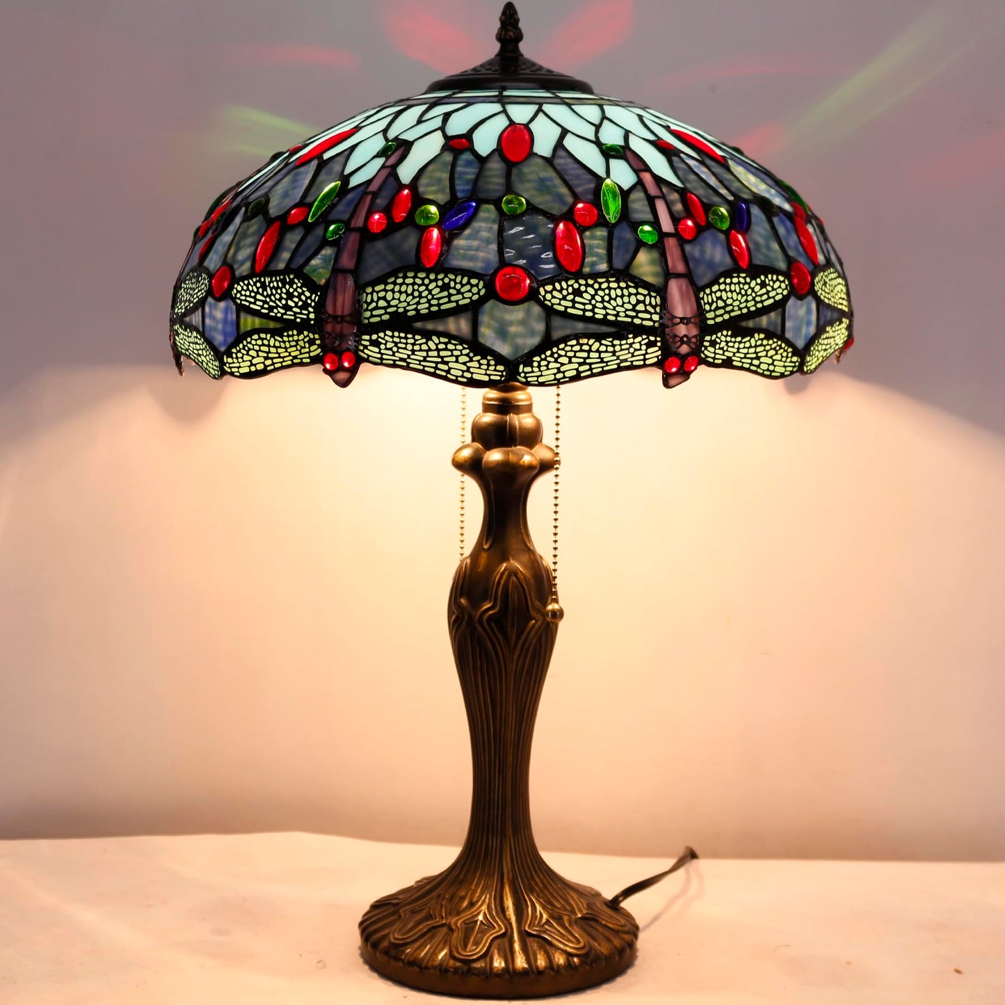 WERFACTORY Tiffany Style Table Lamp Blue Stained Glass Dragonfly Bedside Desk Reading Light Metal Base 16X16X24 Inches Decor Bedroom Living Room Home Office S004 Series