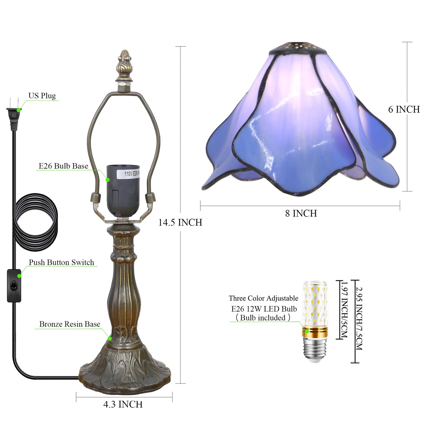WFAYNTIFL Small Tiffany Table Lamp Blue Morning Glory Style W8H14.5 Inch