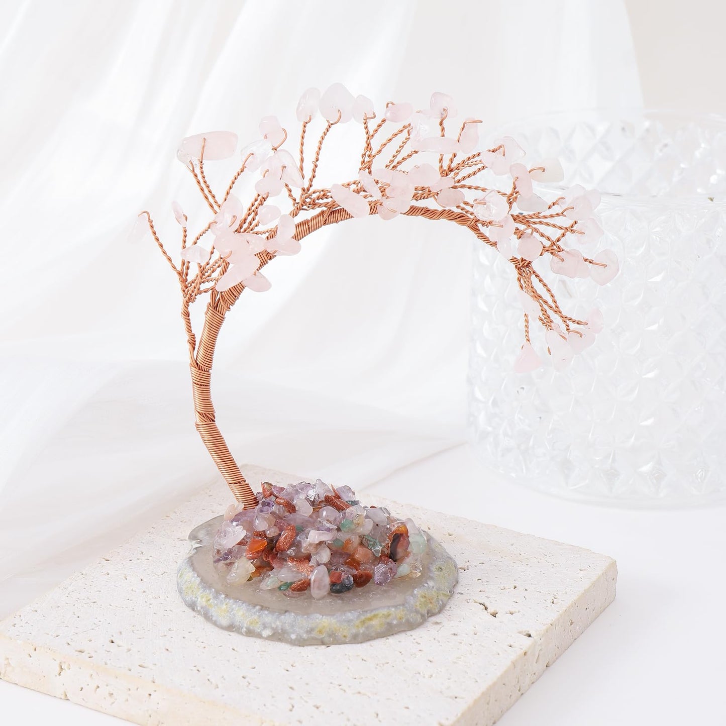Natural Rose Quartz Healing Crystal Money Tree Handmade Wire Wrapped on Natural Agate Slice Base Gemstone Yoga Feng Shui Trees Home Decor for Mom Mothers Day