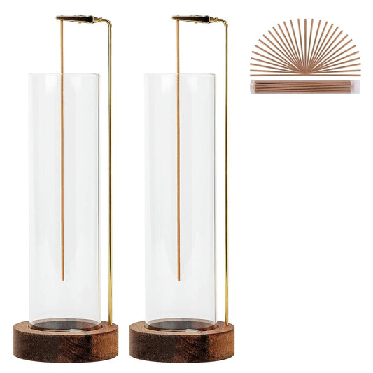 Incense Holder for Sticks, Anti-Ash Flying Incense Burner with 30 Incense Sticks, Detachable Glass Ash Catcher (Wood, Brown-2Pcs)