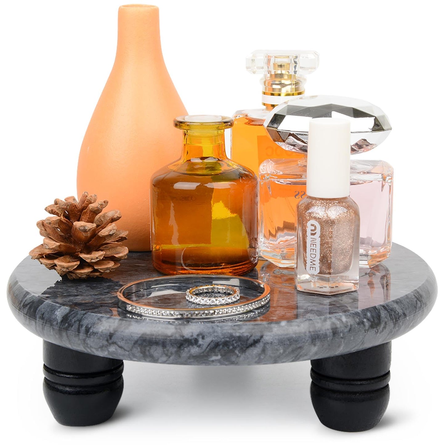 SIPARUI Decorative Round Marble Riser for Display,Marble Pedestal Tray for Home,Kitchen and Bathroom Countertop Organizer Counter Decor Tray.The Decorative Tray Non-slip,Stable（Black Gray）
