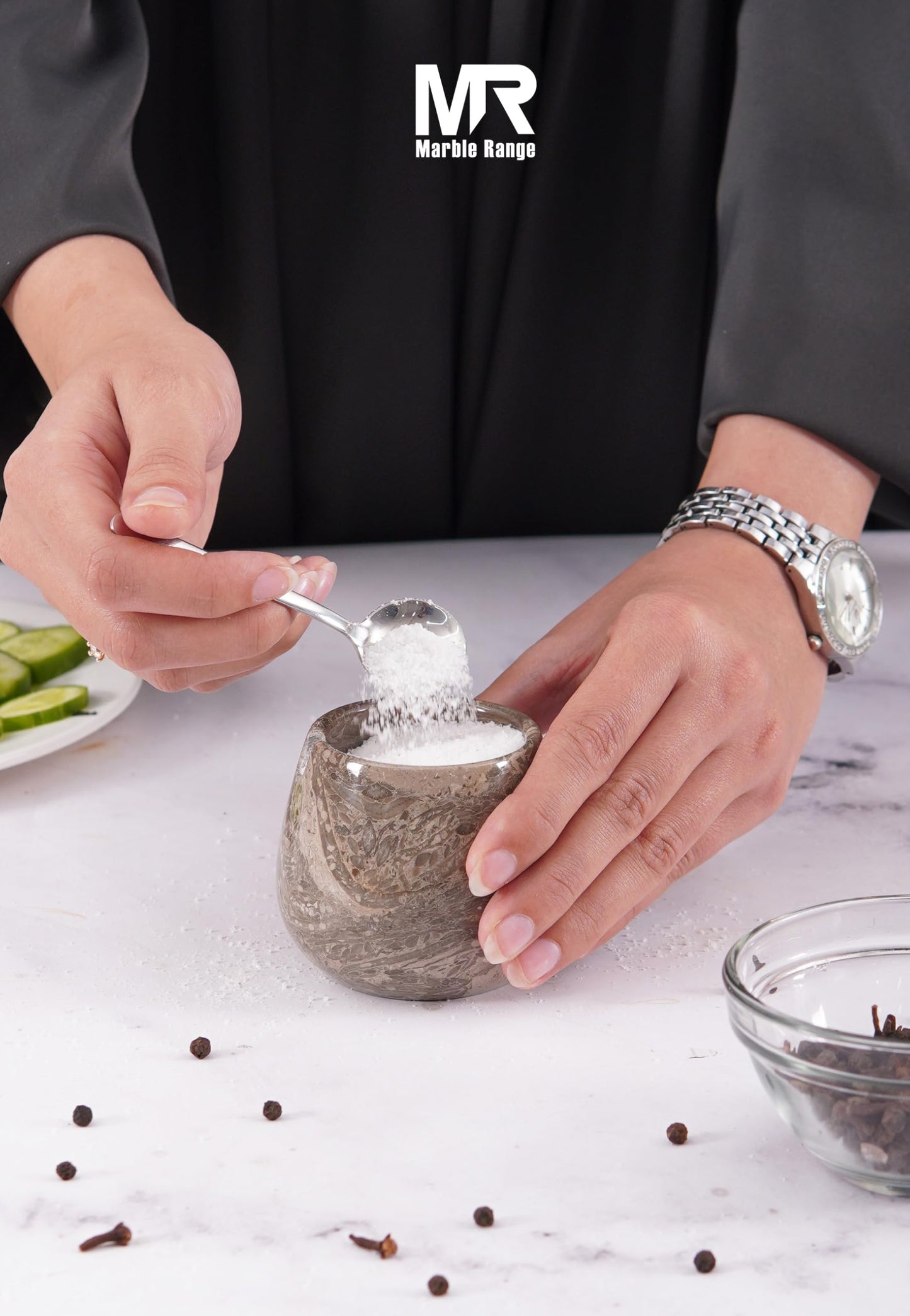 Oceanic Marble Salt Cellar – 3.5 Inch Oceanic Salt Jar with Lid, Table Salt Container, Salt Dish, Salt Holder, Spice Jar, Sugar Bowl, Seasoning Container, Salt Dispenser for Kitchen Counter Decor