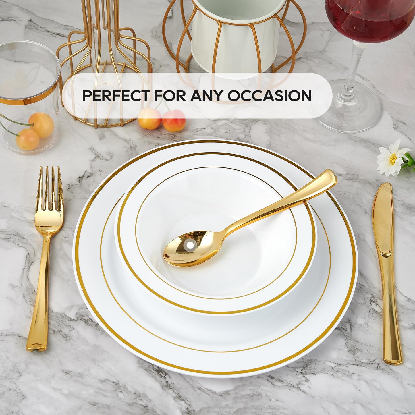 JOLLY PARTY 100PCS Plastic Bowls with Gold Rim-12oz disposable Soup Bowls, Christmas Thanksgiving Premium Dessert Salad Bowls for Wedding/Party