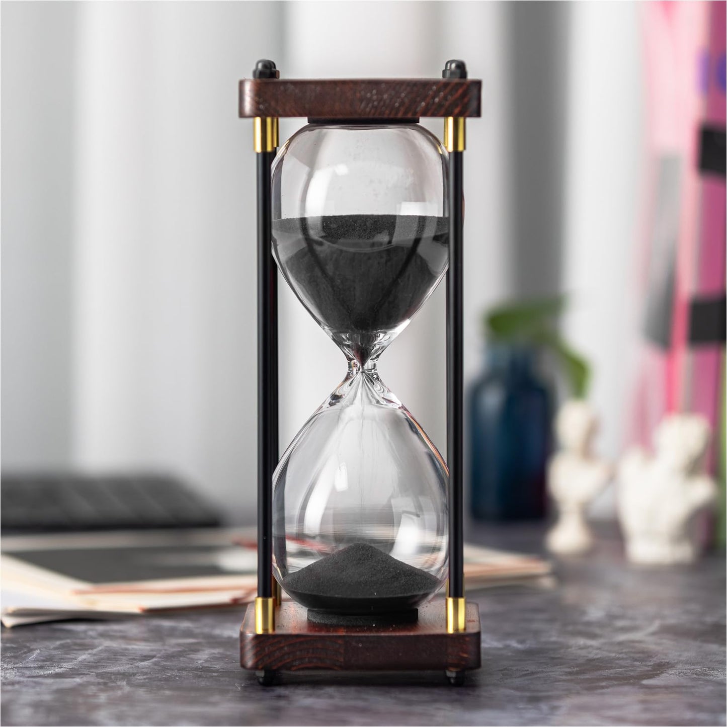 ELAINESTORE Hourglass Timer 60 Minute, Metal Wooden Frame Decorative Sand Timer (Black Sand, Large Size)