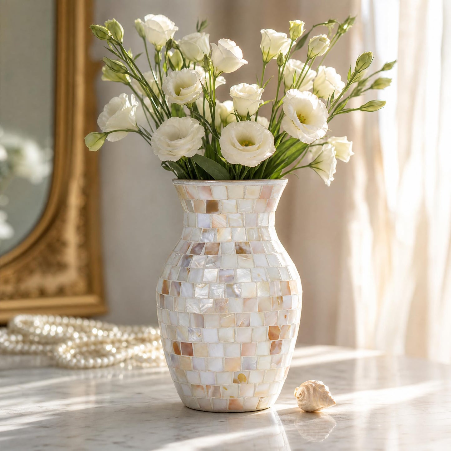 ZHIPINHUI 8" Natural Shell Mosaic Vase, Handmade Pearlescent Glass Flower Vase, Iridescent White Decorative Centerpiece for Bedroom, Bathroom, Coastal Home Decor & Wedding