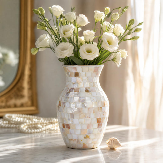 ZHIPINHUI 8" Natural Shell Mosaic Vase, Handmade Pearlescent Glass Flower Vase, Iridescent White Decorative Centerpiece for Bedroom, Bathroom, Coastal Home Decor & Wedding