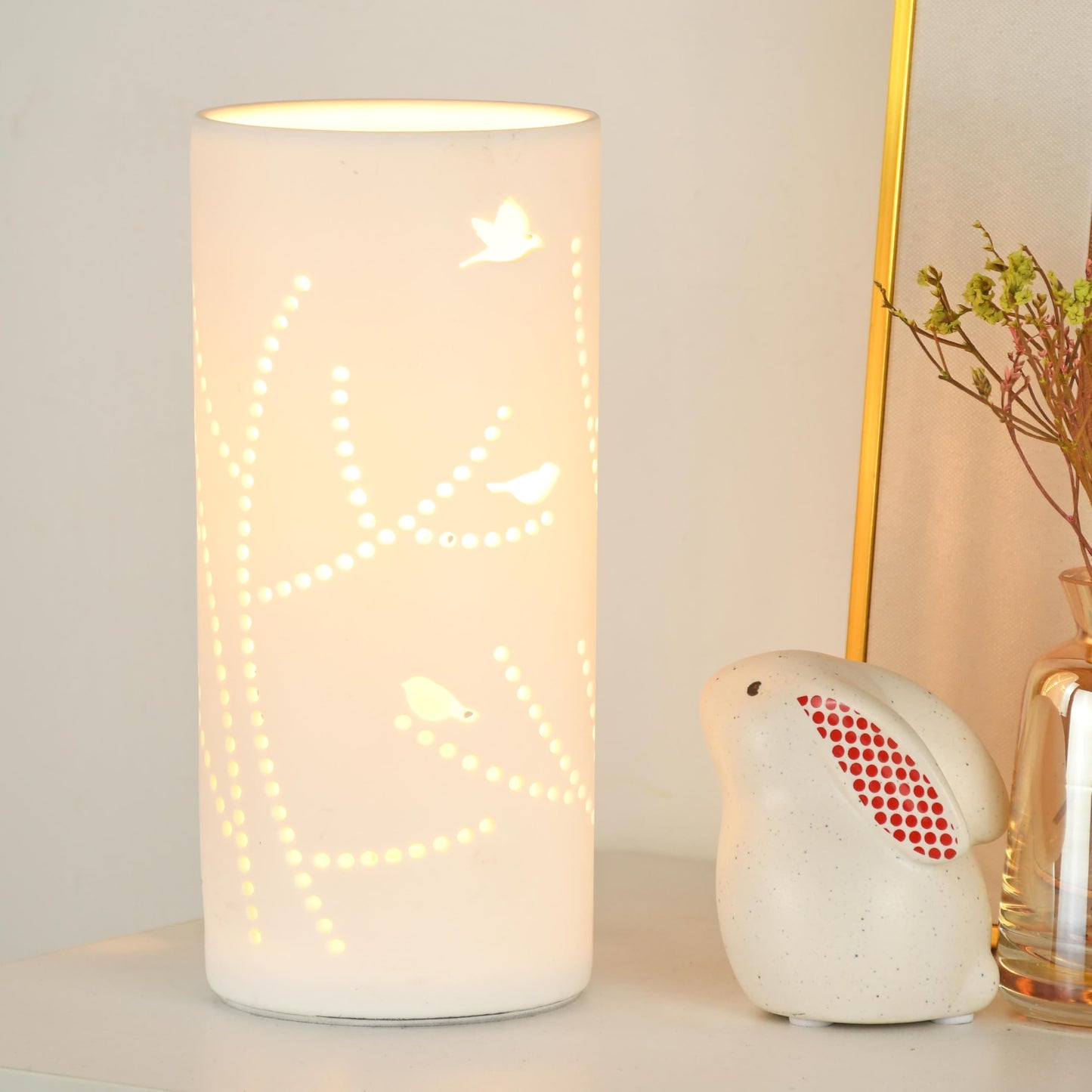 Lampwell Dana Small Modern Ceramic Table Lamp, White, 3.54H7.87IN, Bulb Excluded, Carving Tree