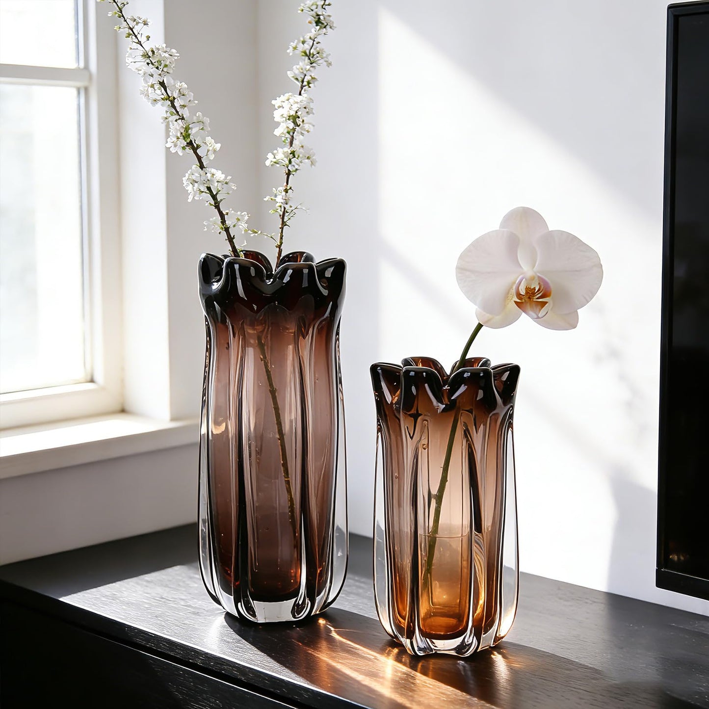 oliruim Blown Purple Brown Glass Vase, 11.7 Inch- Art Wide Mouth Glass Vase for Living Room Centerpiece Decor, Coffee Table, Fireplace Mantel, Floral Arrangement & Home Accents (Purple Brown, L)