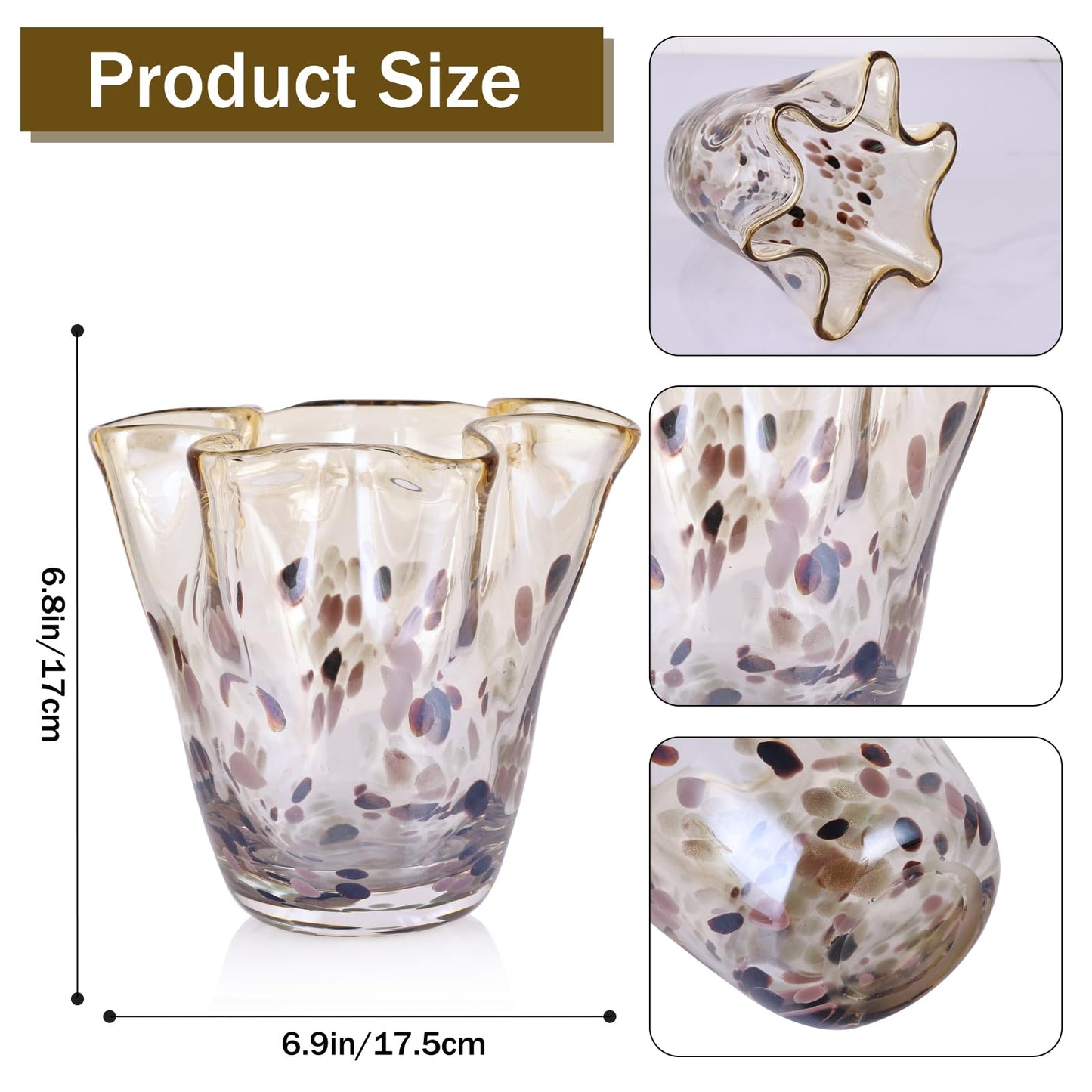 Hand Blown Amber Glass vase, Unique Brown Glass Wide Mouth vase for Console Office TV Stand Coffee Table entryway Entrance Desktop Living Room Table Centerpiece.