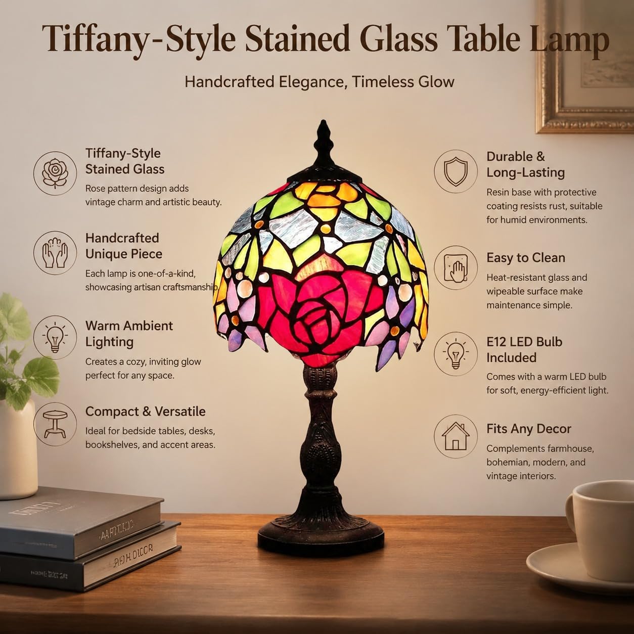 YINIETZSCHE Tiffany Style Table Lamp 8 Inch, Handmade Stained Glass Rose Shade Desk Lamp, Vintage Art Deco Bedroom Nightstand Light with Resin Base, Includes Warm Light Bulb