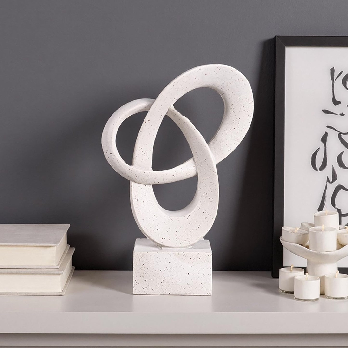 WeiRanHuiWu Abstract Interlocking Rings Sculpture, White Speckled Resin, 9.45in Tall, Modern Decor on Square Base