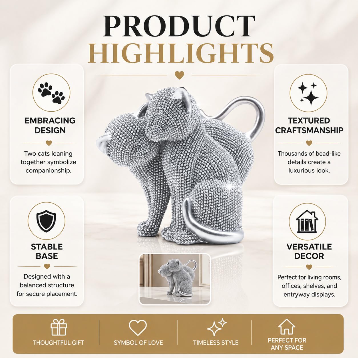 MOTIAHOOM Resin Sparkling Cat Statue, Modern Feline Sculpture with Unique Glitter Texture, Elegant Art Decor for Home Office, Living Room, Bookshelf, and Tabletop Display