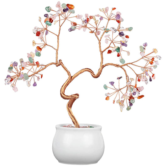 Rockcloud 8.5" Colorful Crystal Stone Money Tree Fengshui Bonsai with Ceramic Base for Good Luck Wealth Home Office Tabletop Decoration
