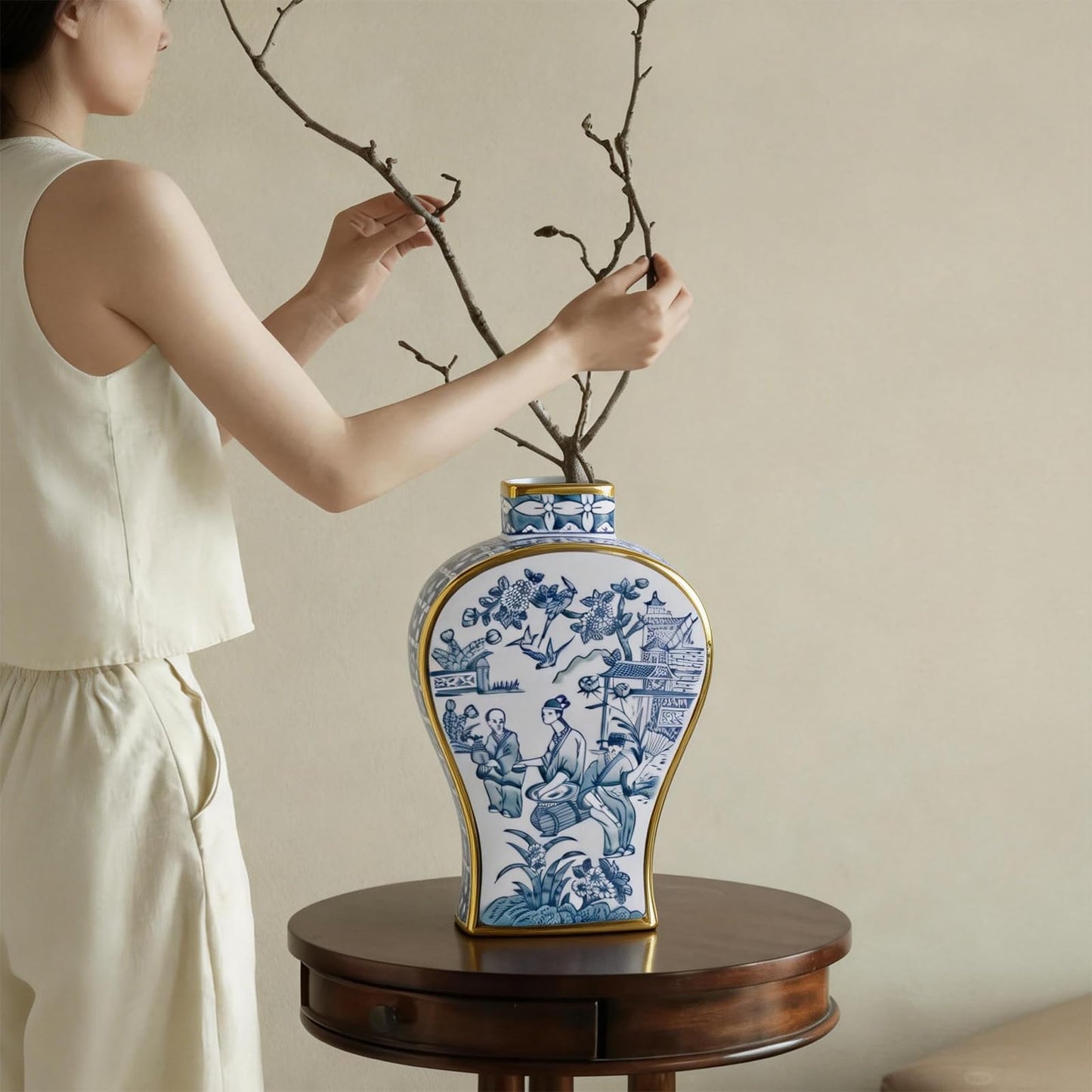 Blue and White Hand-Painted Ceramic Vase with Gold Rim - Antique Chinese Porcelain Bud Vase for Home Decor, Table Centerpieces for Living Room, Office, Entryway, Fireplace or Bookshelf