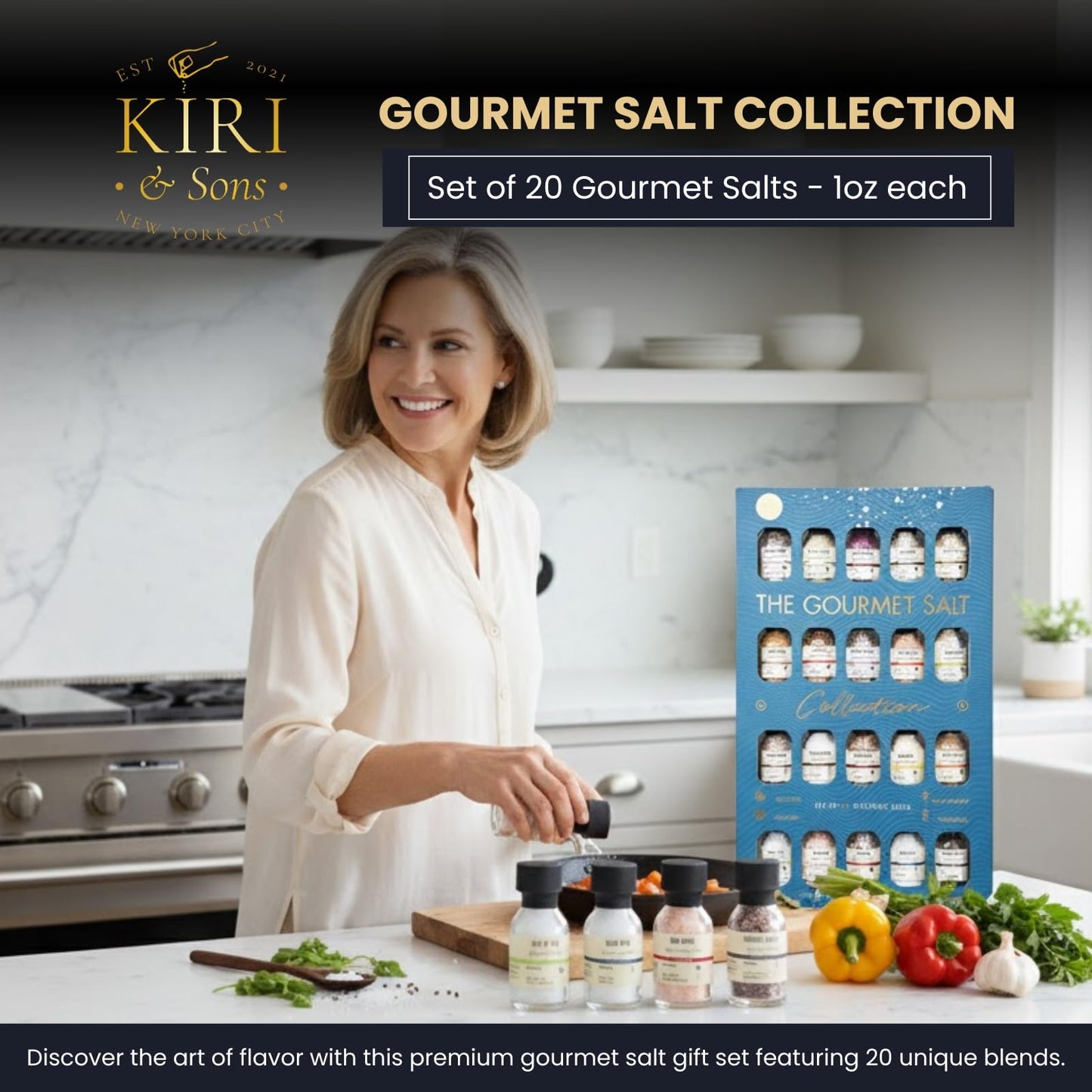 Gourmet Salt Sampler Collection 20 Pack - Premium Seasoning Gift Set, Includes Truffle, Smoked, Garlic, Merlot & Sriracha, Vegan Spice Blends for Cooking, Grilling & BBQ, Culinary Kit for Foodies