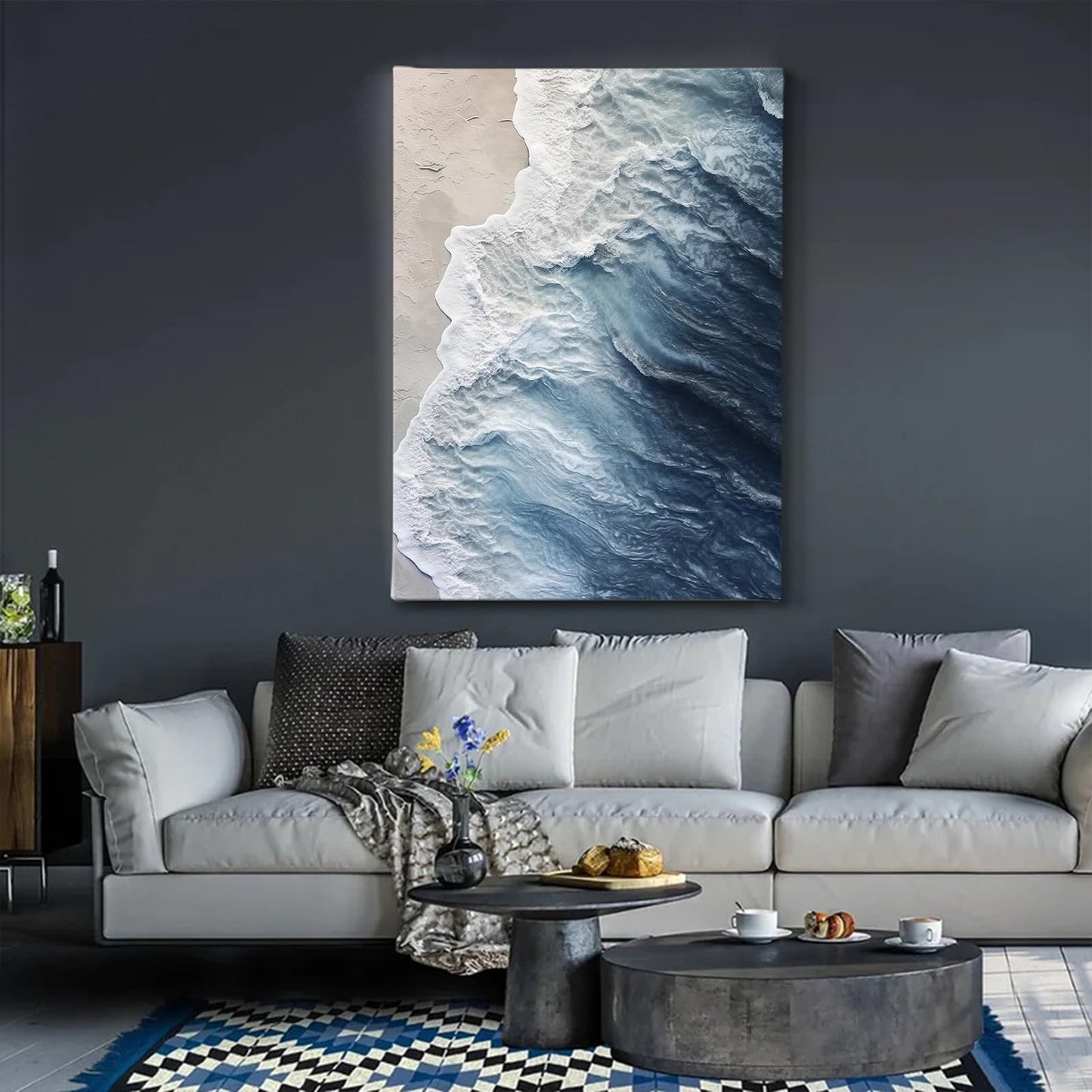 Navy Blue Beach Canvas Wall Art Coastal Abstract Beach Poster Sea Wave Picture Nature Ocean Wall Art Abstract Summer Coastal Posters Blue Landscape Picture Nature Sea Scene Painting (16x24inch Framed)