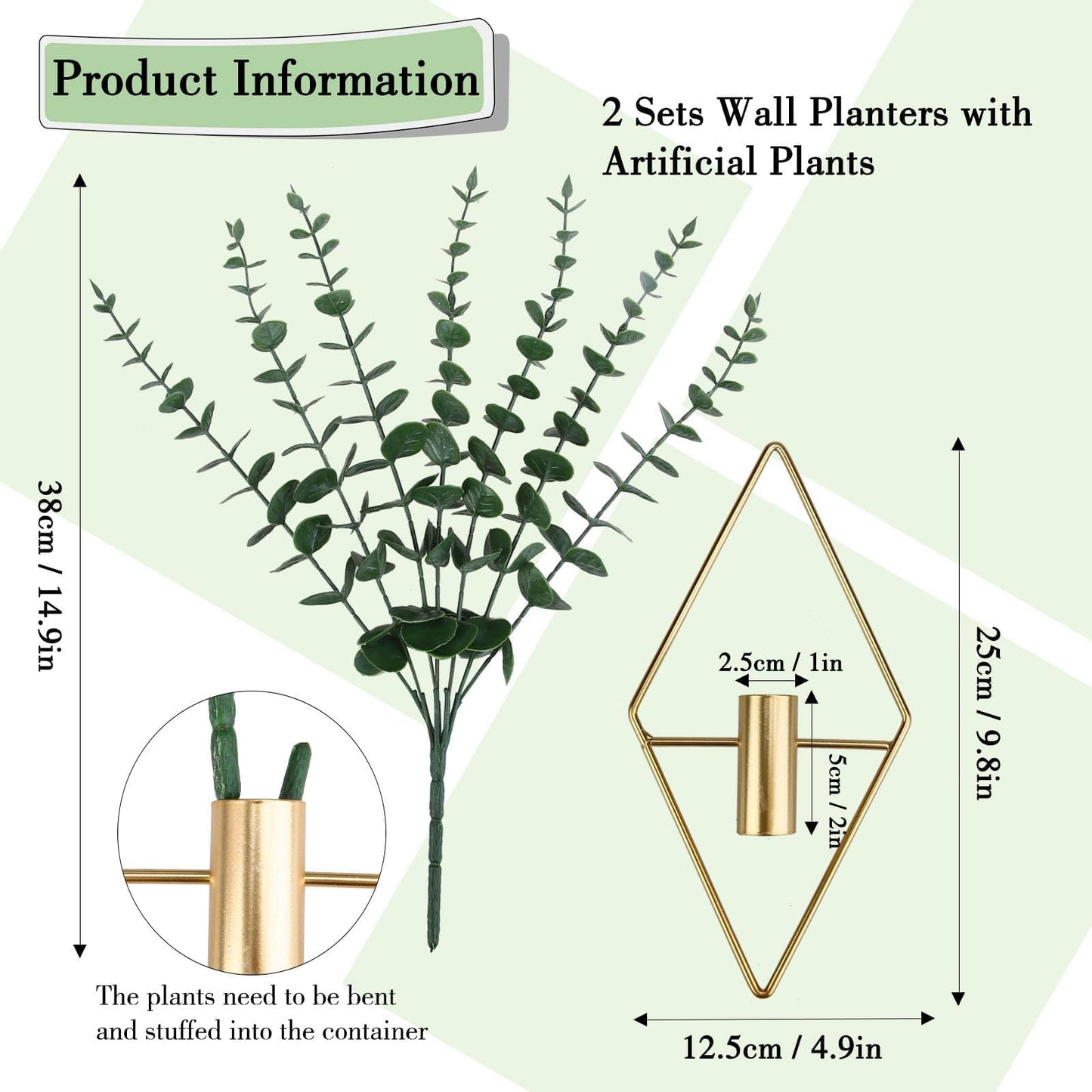GREENTIME 2 Pack Wall Decor Hanging Planter with Faux Eucalyptus Gold Diamond Metal Hanging Vase Boho Wall Mounted Planter for Teacher Appreciation Living Room Bathroom Kitchen Outdoor Shelf