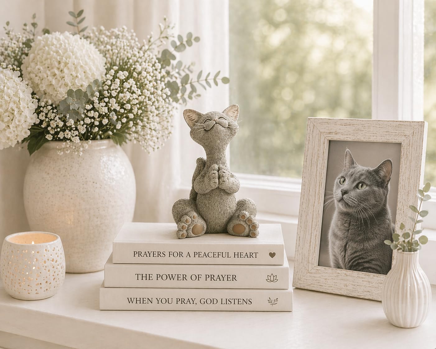 JFSM INC. Whimsical Grey Cat Praying Figurine, Resin Cat Statue, Cat Collectible, Home Decor Accent for Shelves, Mantels, Tables and Cat Lover Gifts