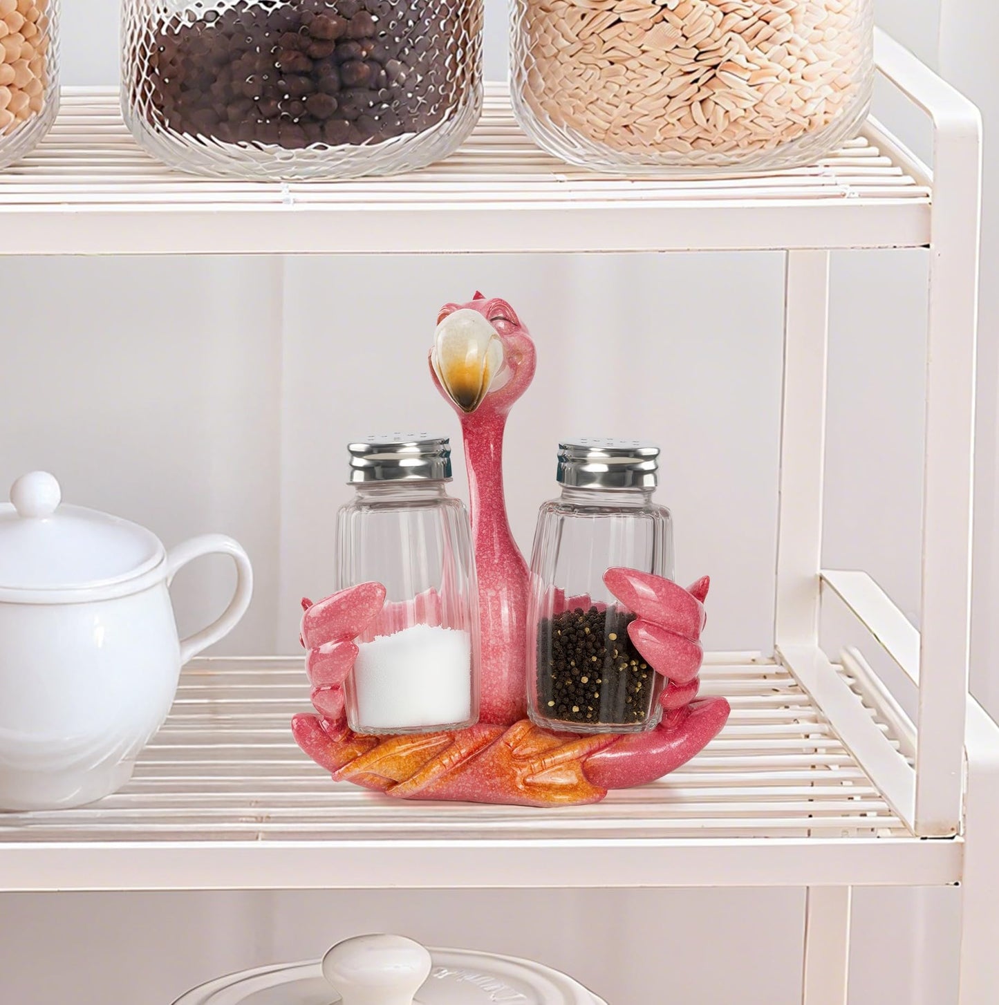 Decorative Flamingo Salt and Pepper Shaker Holder, Coastal Kitchen Decor (Flamingo)