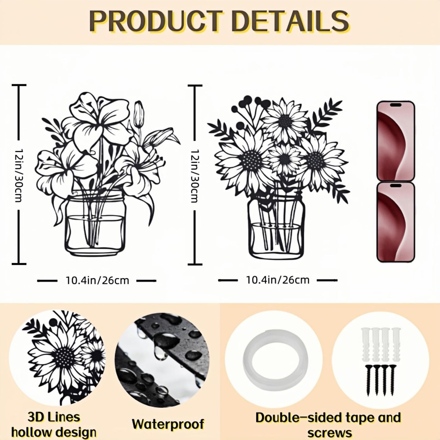 NOOYAA 2 piece of black wall decor， minimalist metal line flowers，kitchen and modern Farmhouse wall decor, indoor living room, bedroom,bathroom,children's room walls 12 * 10.4 inch