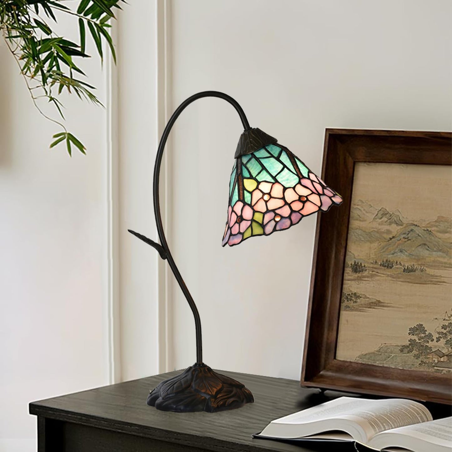HomeBeauty TL0040 Tiffany Style Table Lamp,Handmade Stained Glass Hydrangea Desk Lamp,Vintage Gooseneck Accent Lamp,W 11.25" x H 19" for Bedroom Living Room,Nightstand,LED Bulb Included