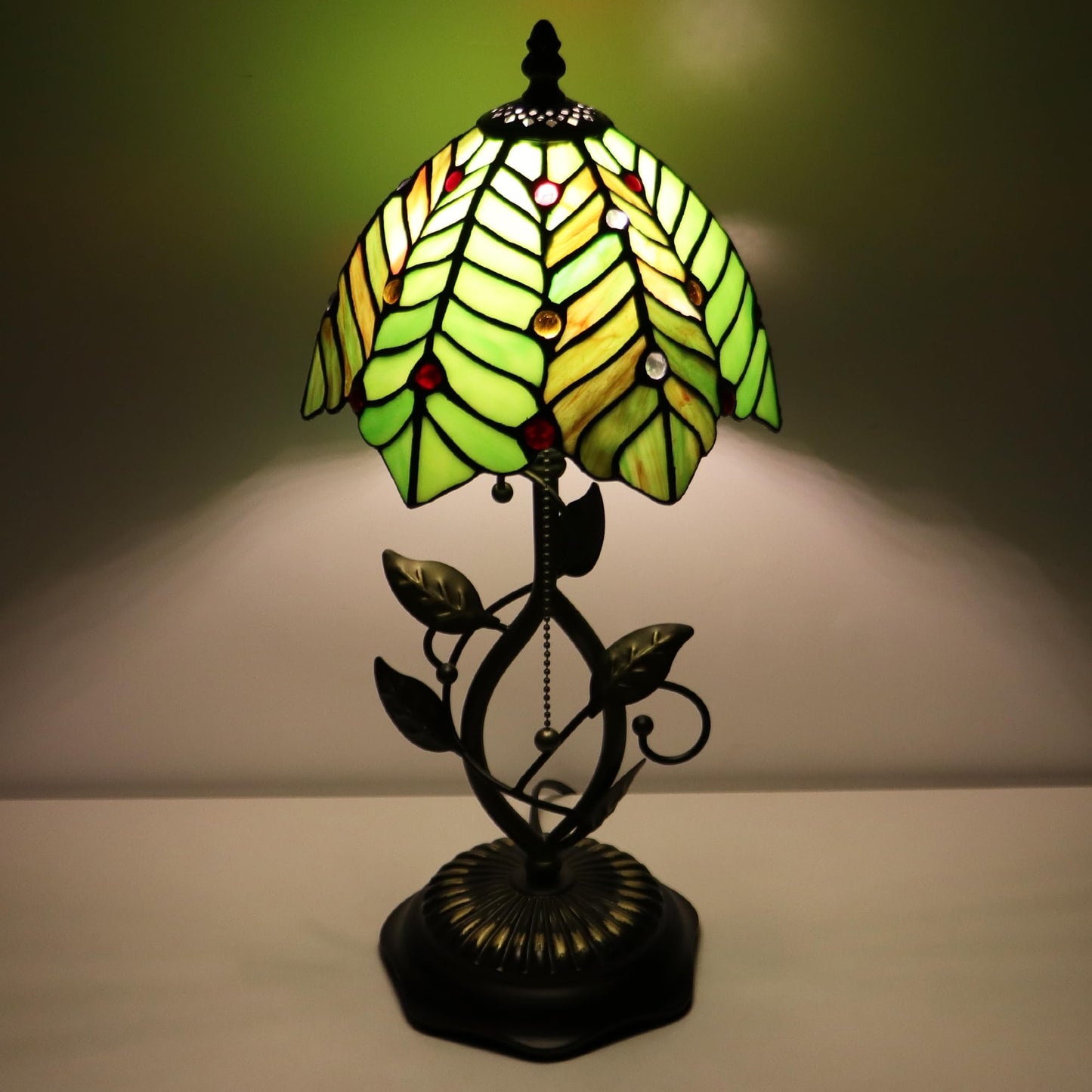 MQYXH Tiffany Style Stained Glass Table Lamp Green Coconut Leaves 18 Inch