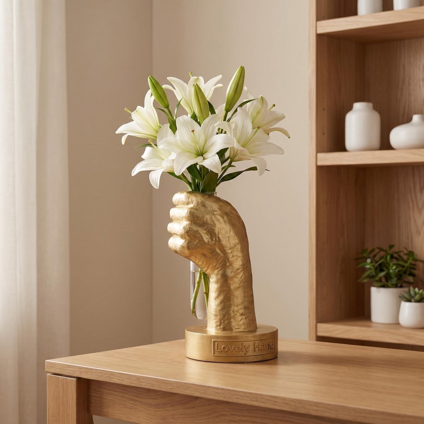 Hand Vase with Glass Tube for Flowers, Modern Resin Hand Sculpture Vase for Dried Flowers, Fresh Roses & Candles, Aesthetic Hydroponic Decor for Bookshelf Coffee Table Office (Gold)