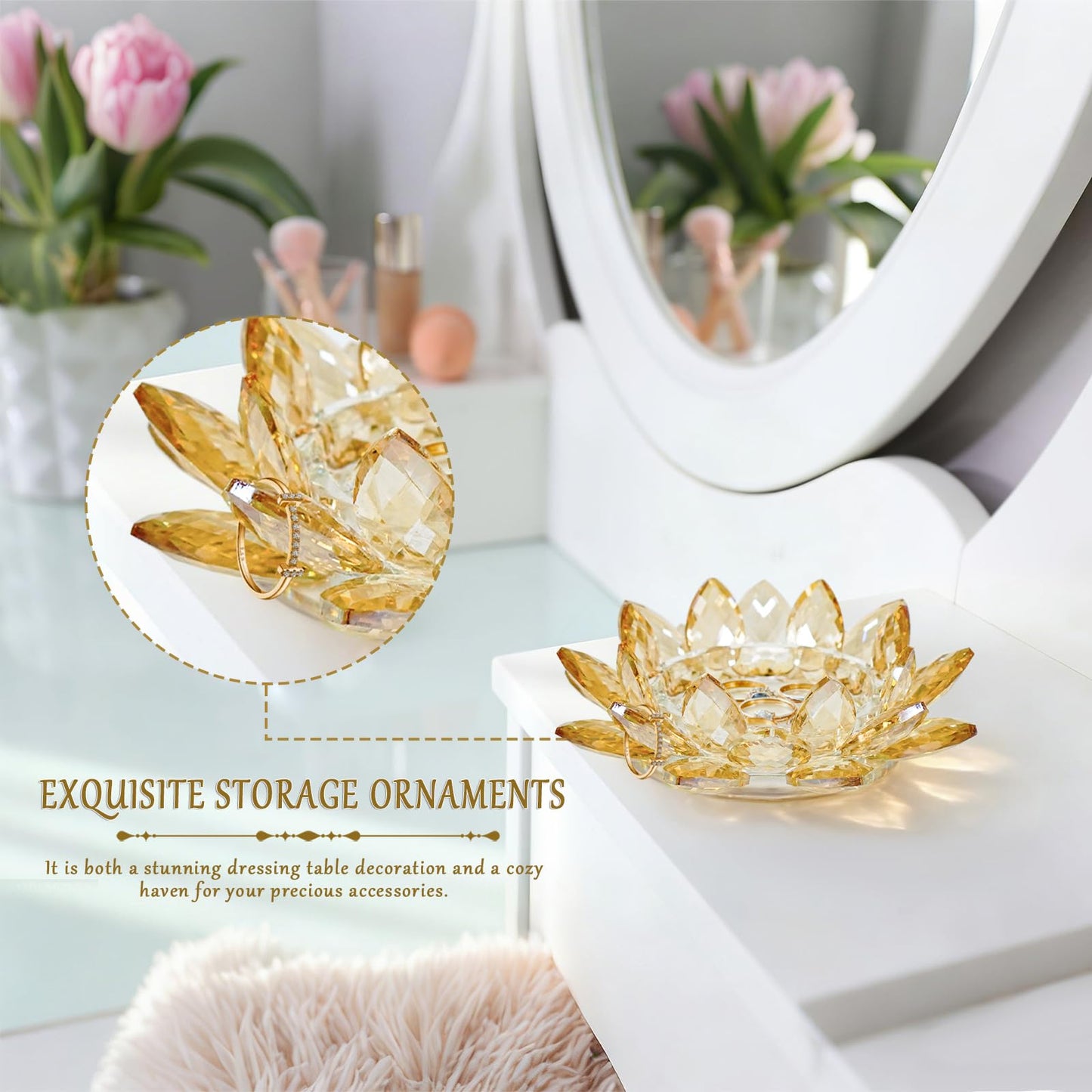 Crystal Flower Jewelry Tray, Luxury Transparent Decorative Trinket Dish for Rings, Earrings, Necklaces, Keys for Vanity Dresser Nightstand, Elegant Gift for Women Mother's Day (1, 6.3"(W)- Gold)