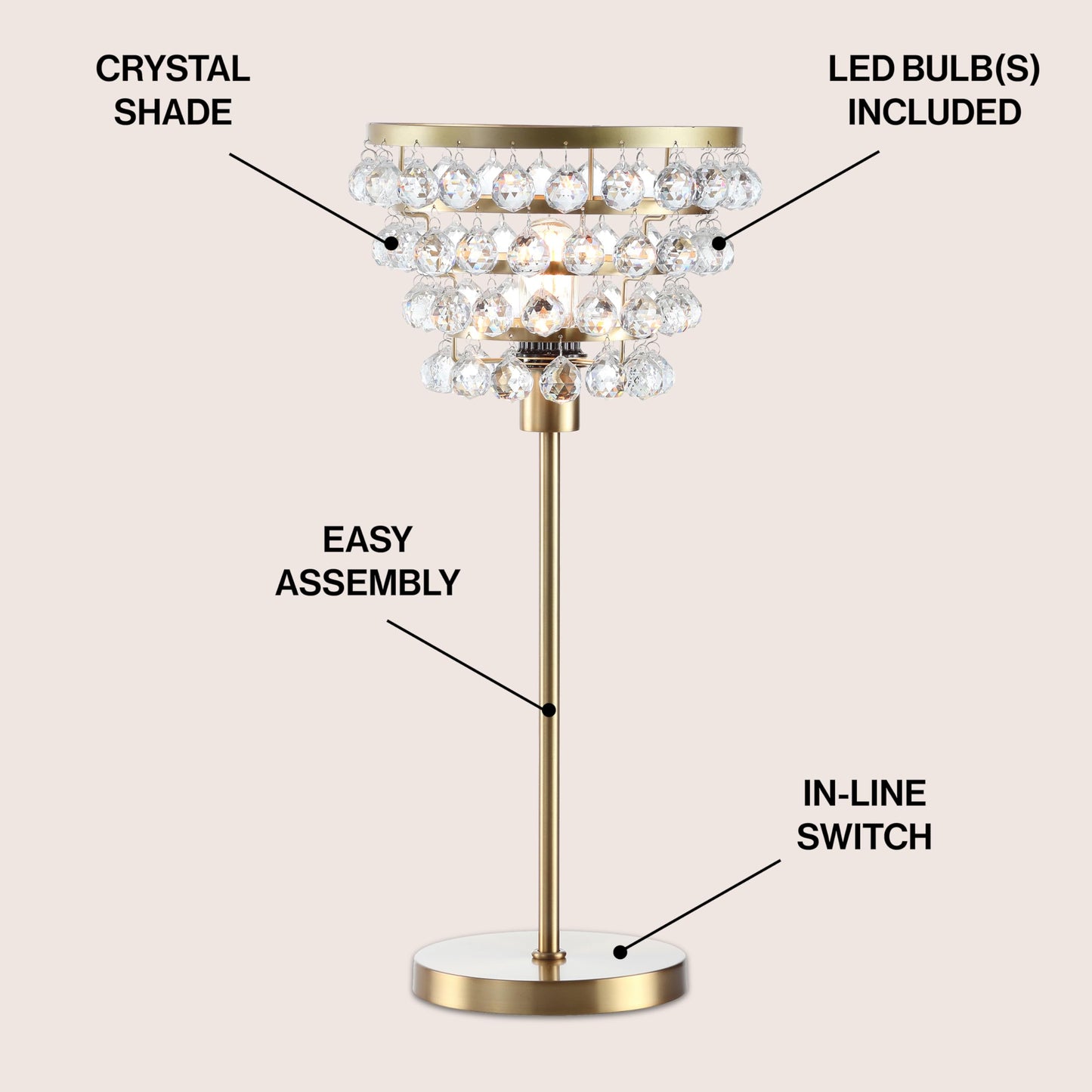 JONATHAN Y 25" Brass Gold/Clear Table Lamp, Modern Industrial Chandelier Style Light, Clear Crystal Beads, Glam Bedside Nightstand Lamp for Bedroom Living Room, LED Bulb Included (JYL9004B)