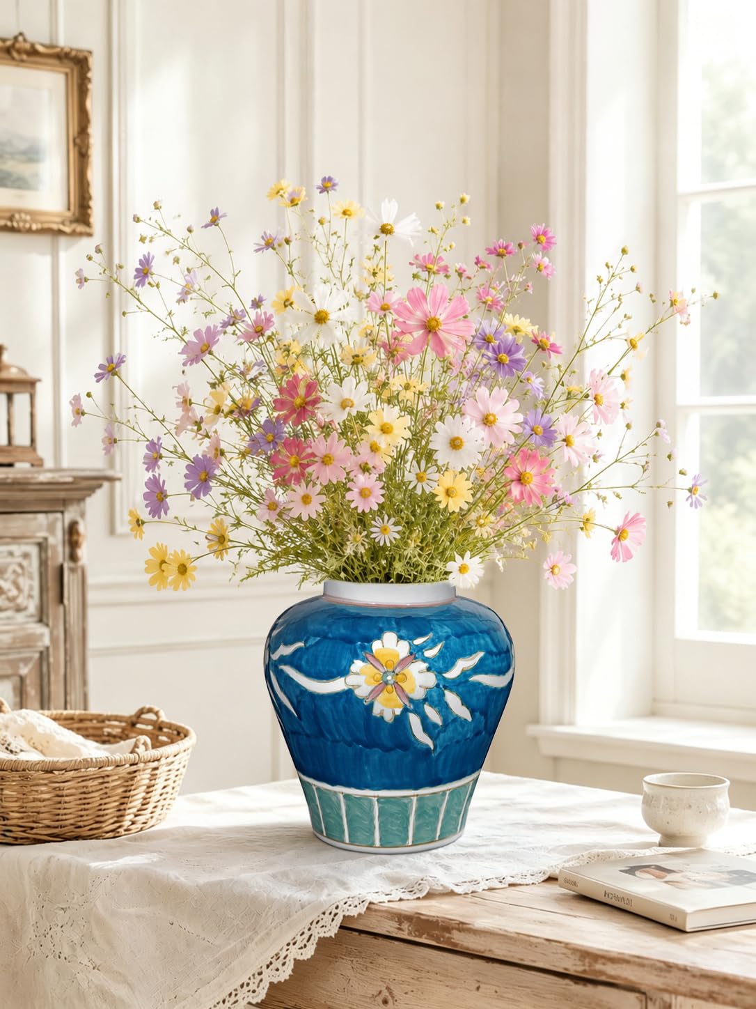 Hand Painted Ceramic Vase for Home Decor, 7.8" Decorative Floral Pottery Vase, Blue Glazed Flower Vase for Pampas Grass, Boho Farmhouse Table Centerpiece, Artistic Ceramic Accent Vase