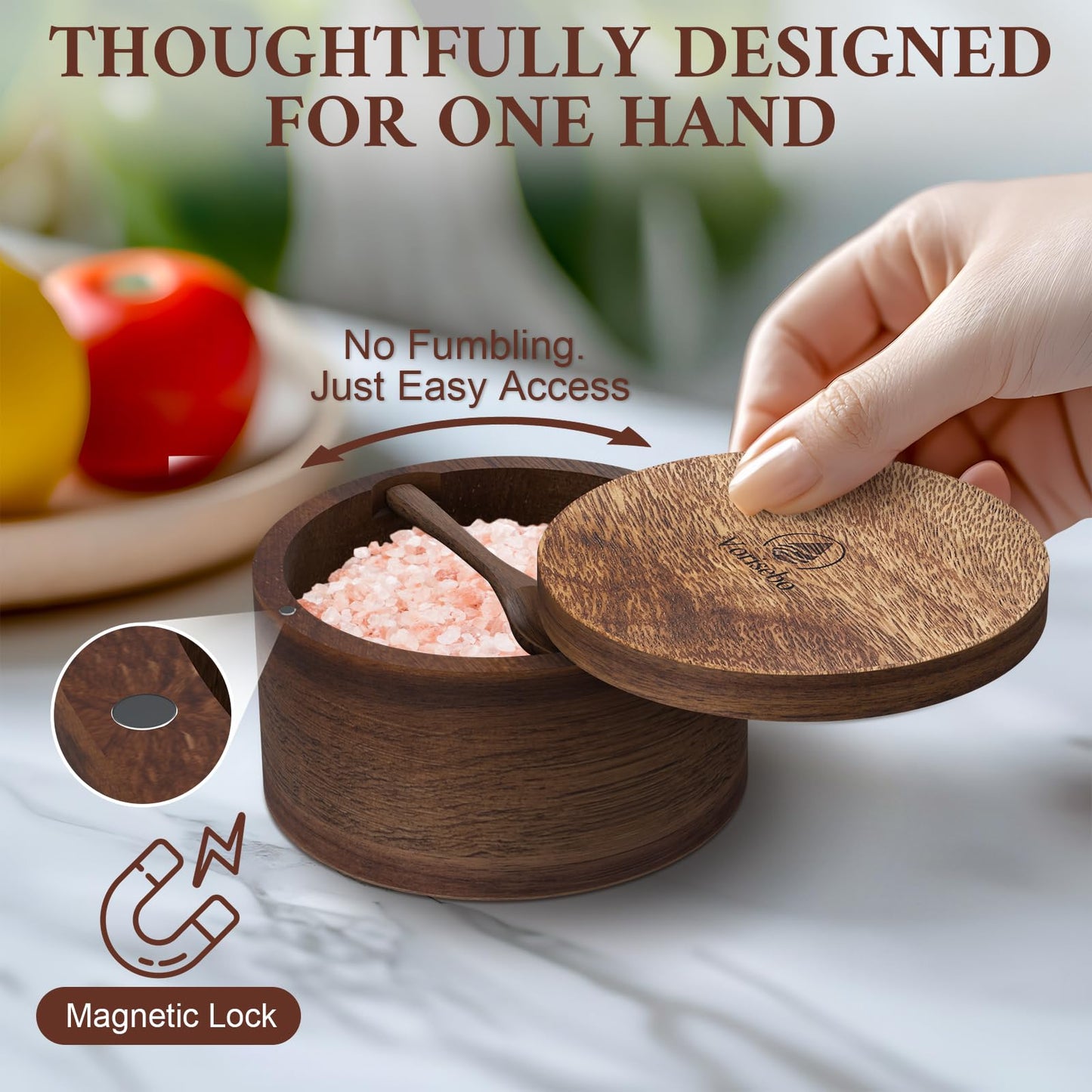 Vorisebo Acacia Wood Salt Container with Built-in Spoon, Elegant Salts Holder with Magnetic Swivel Lid, Salt Box for Kitchen to Storage Pepper, Spice or Favorite Seasonings, 6OZ