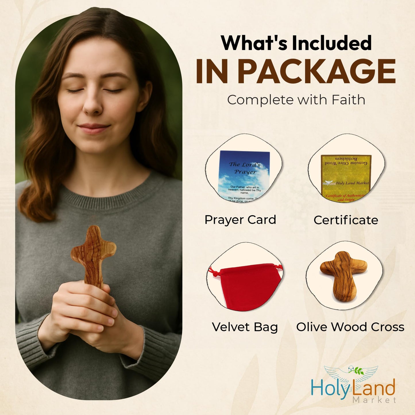 Holy Land Market Olive Wood Comfort Cross | Handmade Holding Cross from Bethlehem Palm Cross, Clinging Cross with Velvet Bag & 2 Certificates | 4 Inch x 6