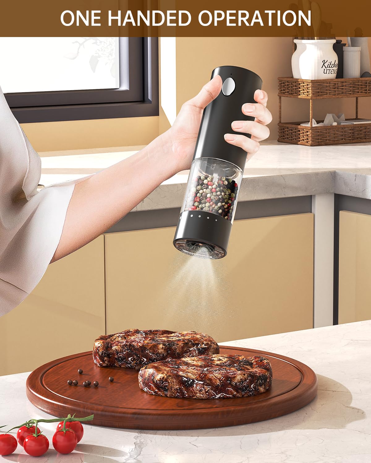 CIRCLE JOY Electric Salt and Pepper Grinder Set Rechargeable Salt and Pepper Mills with 6-Level External Adjustable Coarseness, White LED Light and Storage Base, Black & White