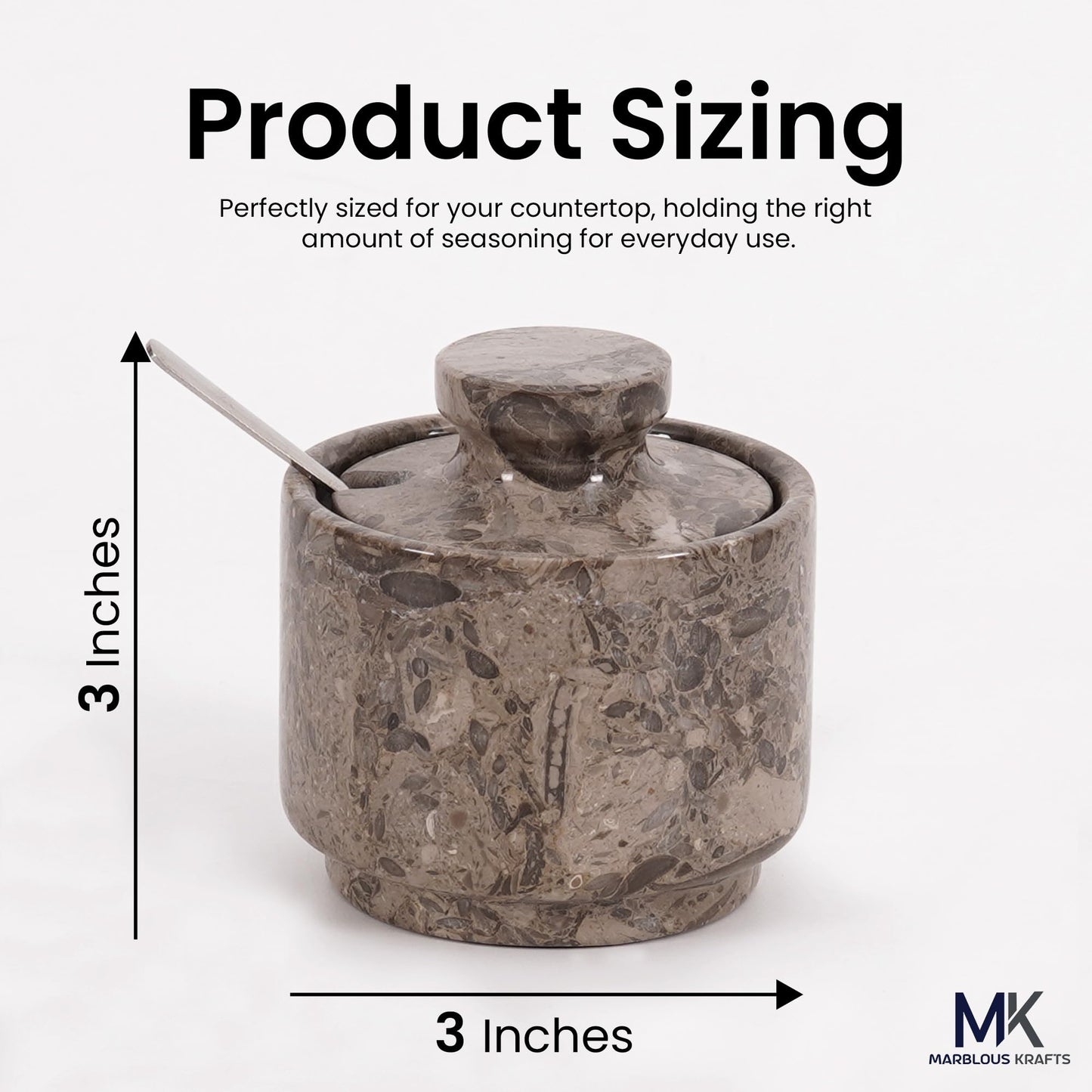 MARBLOUS KRAFTS Marble Salt Cellar Oceanic 3" Flaky Salt Dish for Countertop Ideal Spice Box, Candy Bowl, Brown Sugar Jar with Lid and Spoon, Kitchen Storage, Ideal Mother’s Day Gift for Mom