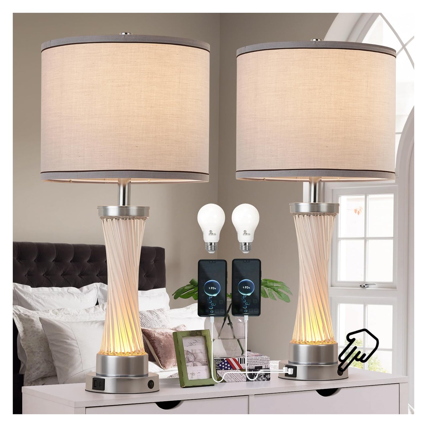 bdayanx 3-Way Dimmable Table Lamp Set of 2,Touch Control Lamp with Night Light,Modern Crystal Table Lamps for Bedroom,Living Room，Bedside Lamps with USB A+C Ports，Fabric Lampshade(Blubs Included)