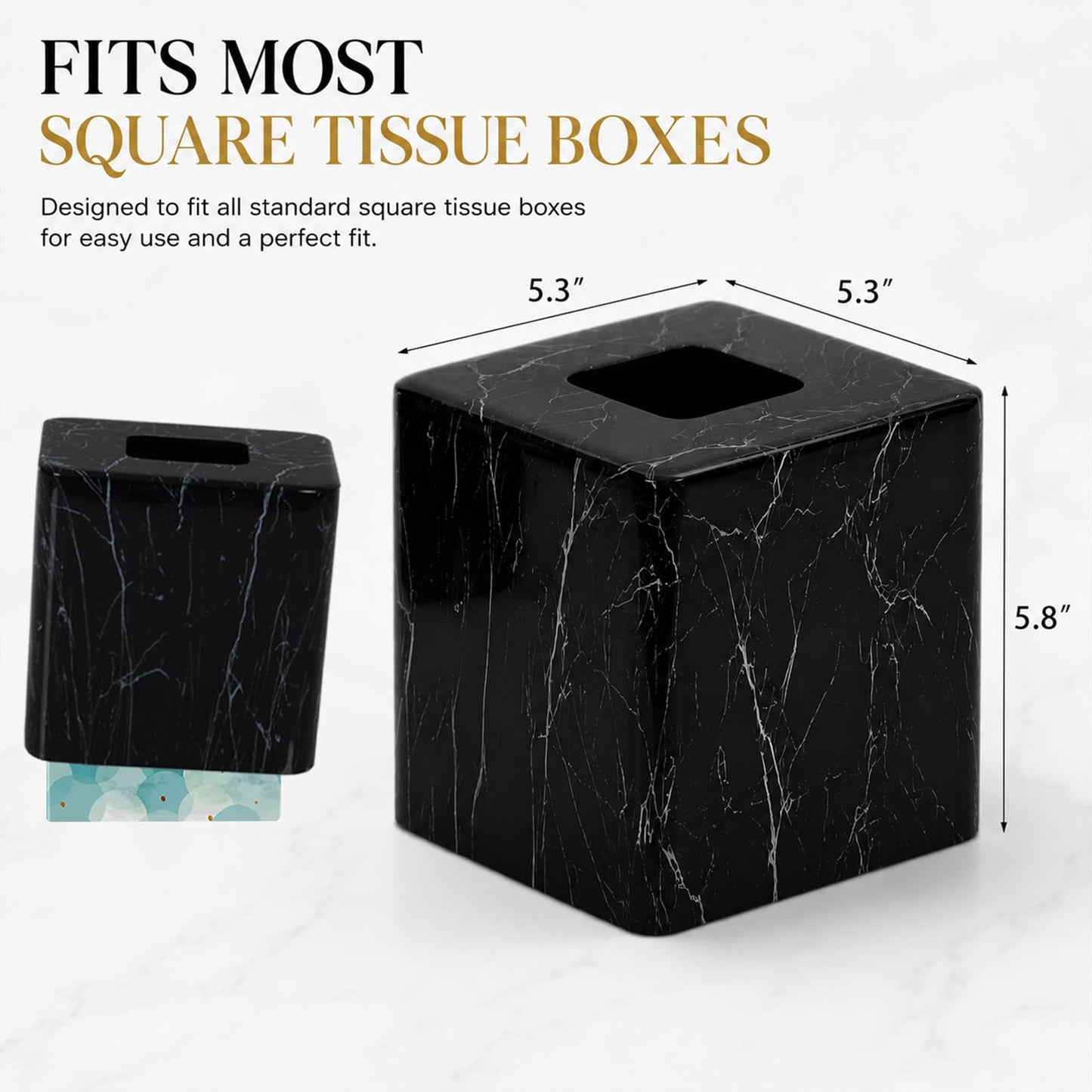 Square Resin Tissue Box Cover, Decorative Facial Tissue Holder with Black Marble Look Pattern, Water Transfer Printed for Bathroom, Living Room and Office
