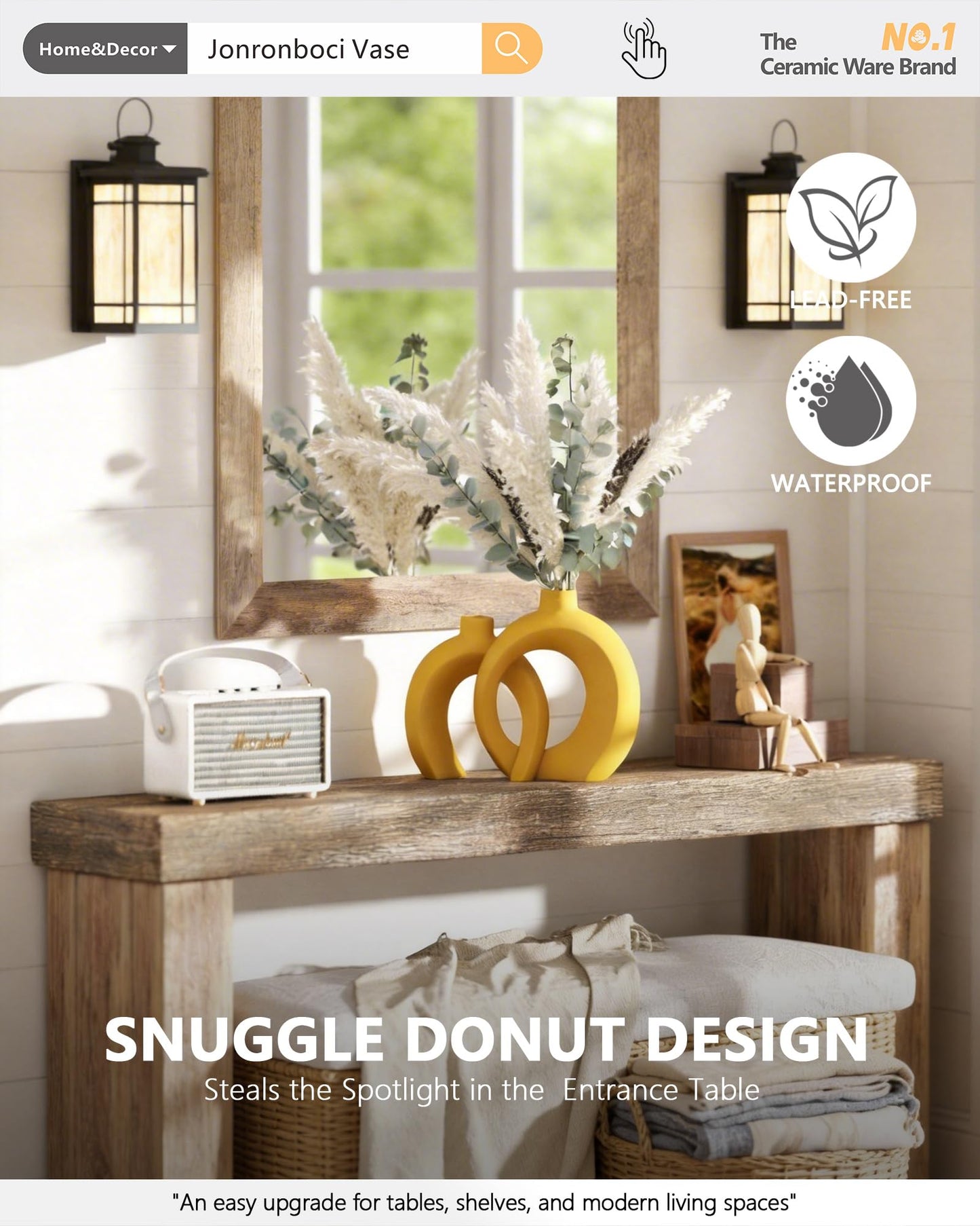 Set of 2 Yellow Ceramic Vases for Home Decor Accents - Unique Hollow Donut Artistic Design Mid-Century Modern Eclectic Style Decorative Vases for Shelf, Mantel, Entryway Table Decor (Matte Yellow)