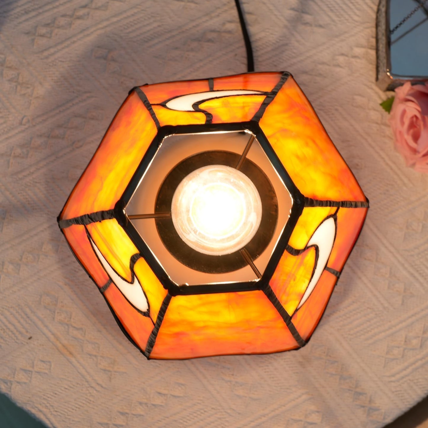 KIPHEPI Tiffany Style Moon Mushroom Stained Glass Table Lamp Orange Small Table Lamp Bedroom Bedside lamp Living Room Dining Room Office Decoration Desk lamp Home Decoration Creative Gift