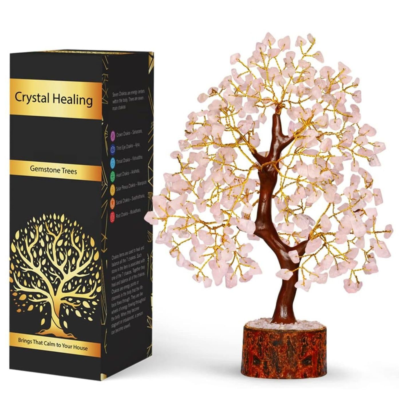 NARIBABU Rose Quartz Crystal Tree with Golden Wire – 10-12 Inch Gemstone Tree on Wooden Base – Gifts for Her, Crystal Decor, Spiritual Gift, Birthday Gift for Women, Healing Trees for Home