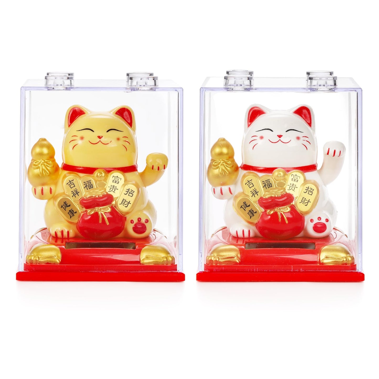 Cididu 2 Pack Solar Waving Cat, Small Lucky Cat Waving Arm Solar Powered, Stackable Good Luck Fortune Cat Window Sun Catcher Car Dashboard Decor, Portable Suncatchers Welcoming Cat with Clear Cover