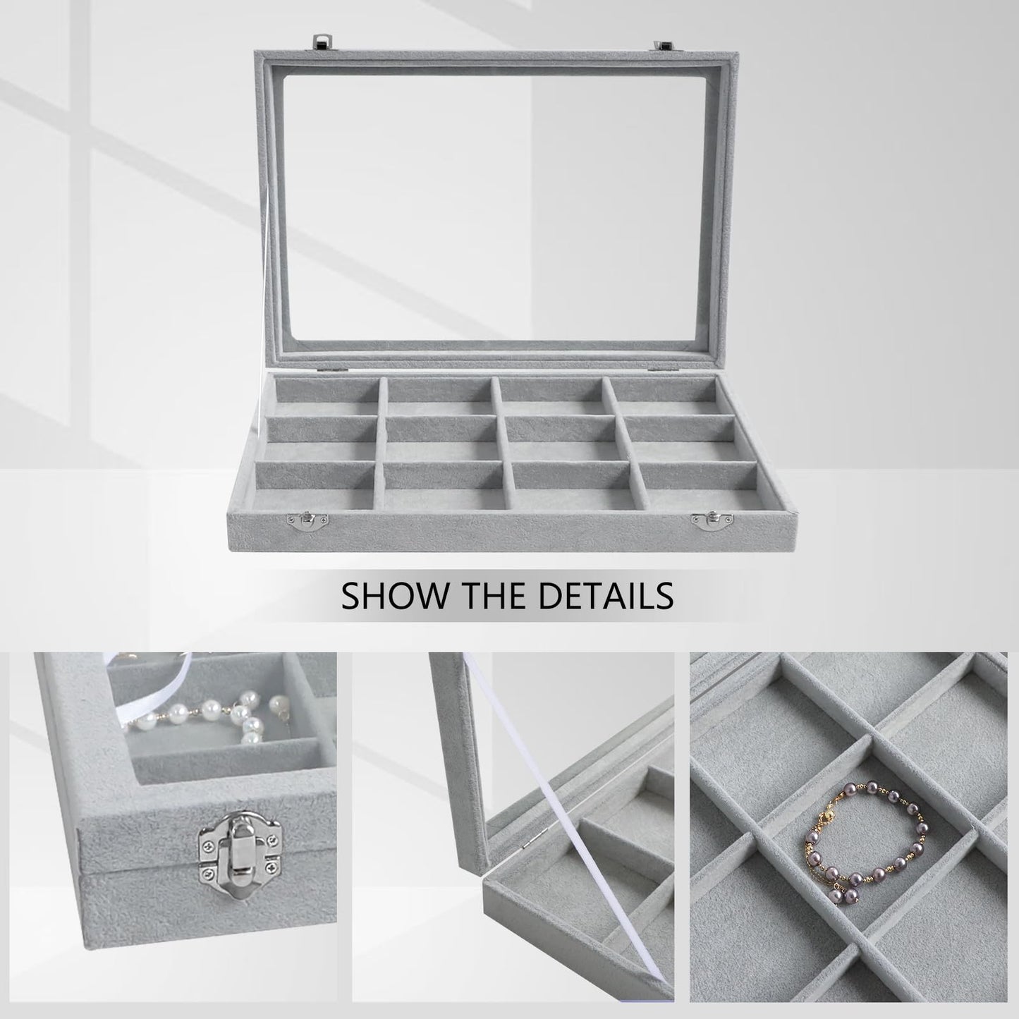 Wudygirl 12 Grid Jewelry Organizer Velvet Jewelry Tray with Clear Lid Jewelry Box Bracelet Holder Display Case Storage Bracelets Rings Earrings Organizer (12 Grid)