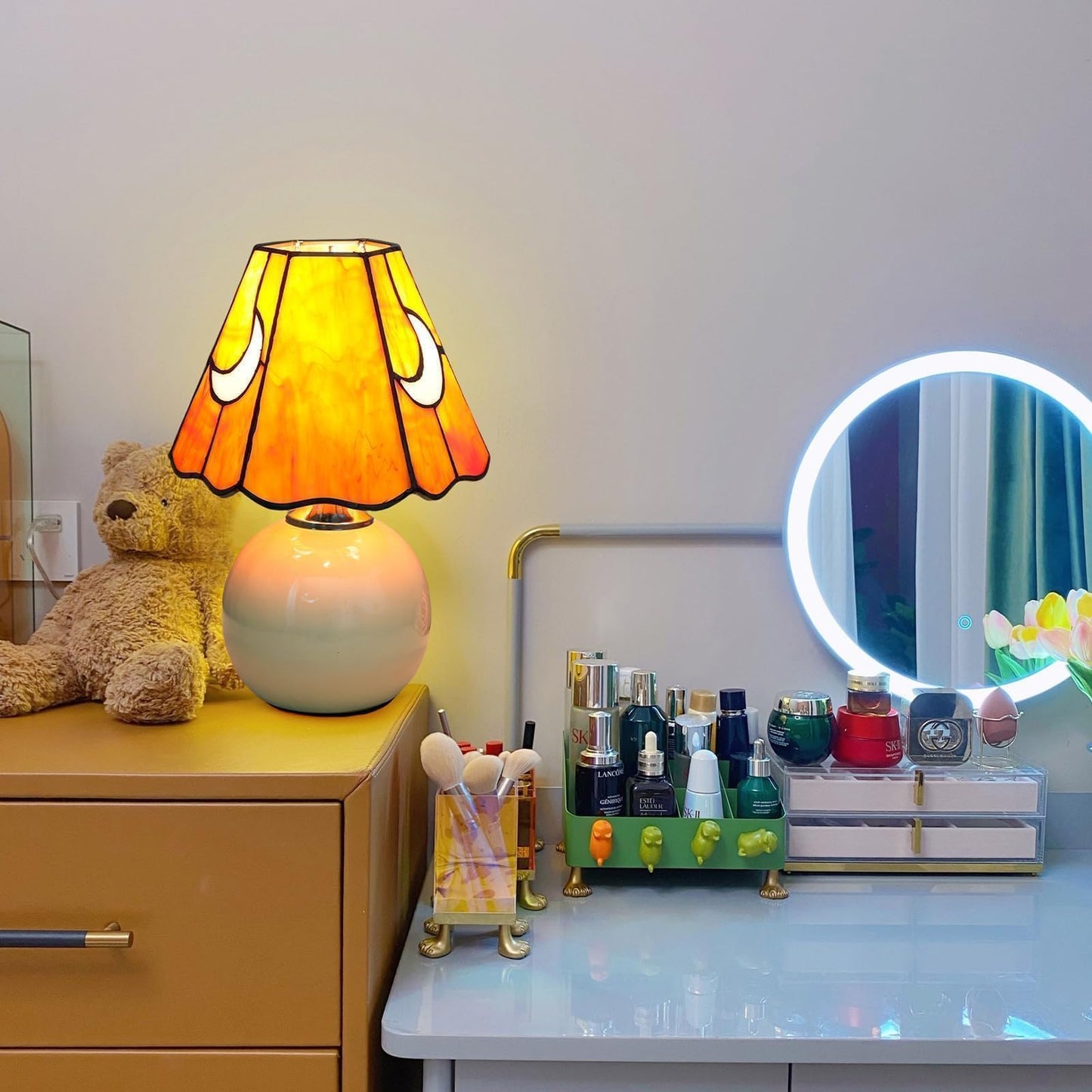 KIPHEPI Tiffany Style Moon Mushroom Stained Glass Table Lamp Orange Small Table Lamp Bedroom Bedside lamp Living Room Dining Room Office Decoration Desk lamp Home Decoration Creative Gift