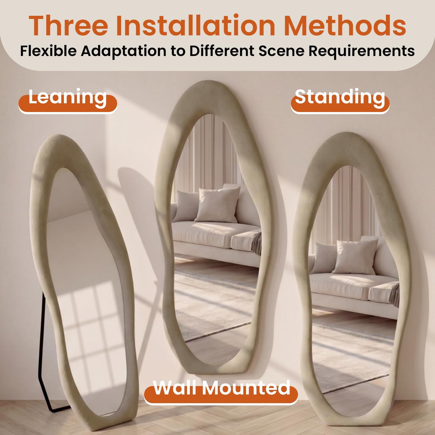 ZHUNFA Full Length Mirror,65×24 Mirror Full Length Wall Mounted Wrapped in Flannel,Featuring an Irregular Cloud Shaped Design,Room,Bedroom,Living Room Home Decor,Light Coffee.