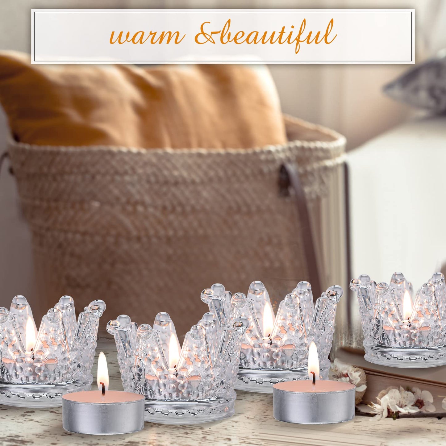 EBOOT 48 Pcs Crown Tealight Candle Holders Glass Clear Votive Holders Tealight Crystal Votive Candle Stand for Wedding Valentines Day Table Centerpieces Home Decor(Clear)
