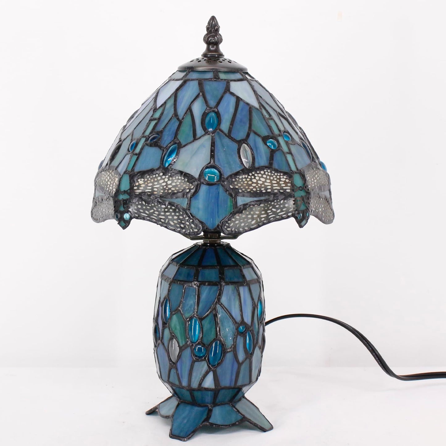 TCODTPOL Tiffany Stained Glass Table Lamp 8X14 Inches (Sea Blue Dragonfly)