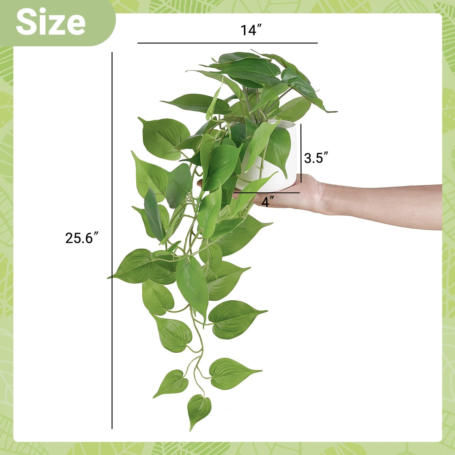 Mkono Fake Hanging Plants with Ceramic Pot, 25" Artificial Plants for Home Decor Indoor Faux Green Leaf Plant with Modern White Planter for Desk Shelf Bathroom Decoration (Pothos) (Green)