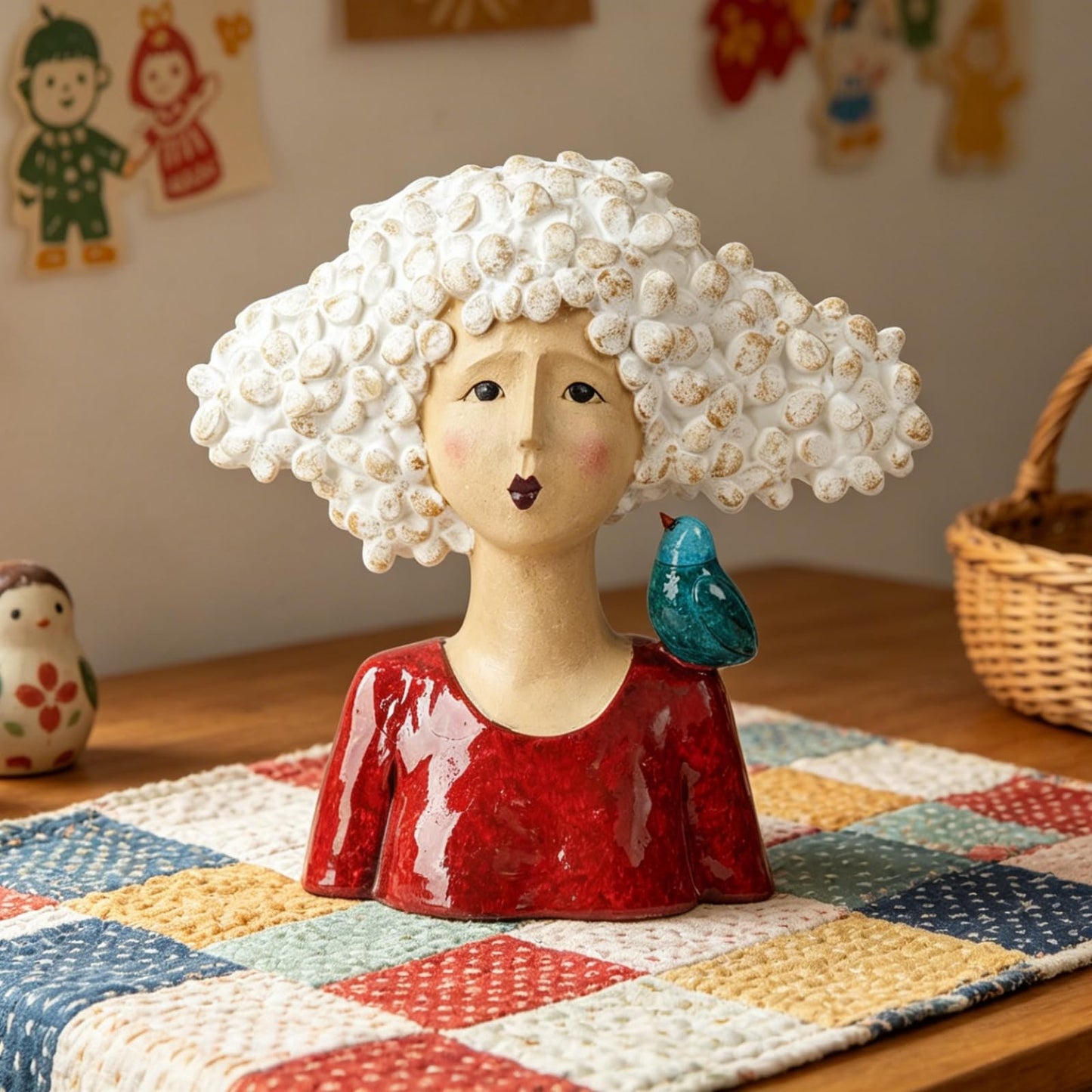 DiliComing Garden-Statues Bust-Head Sculptures for Home Decor - 11 Inch Women with Bird Modern Art Statue for Home and Garden, Various Festivals for Women 10.5 x5.5 x 11 Inch (Red)