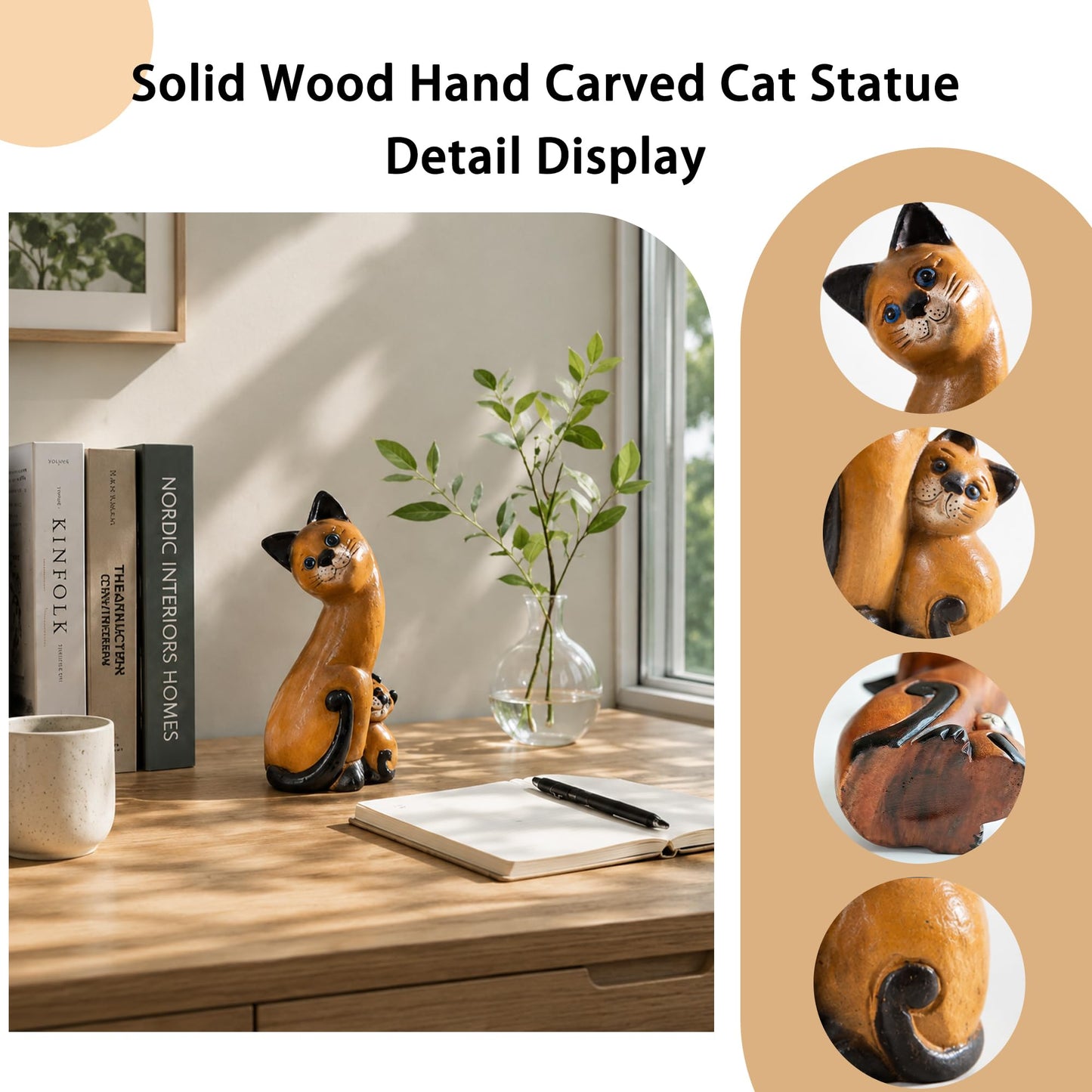 FENGSHUI-CAISHEN Top Wooden Cat Statue & Figurine, Kitten Decor, Kitty Sculpture, Cat Home Office Desk Decor